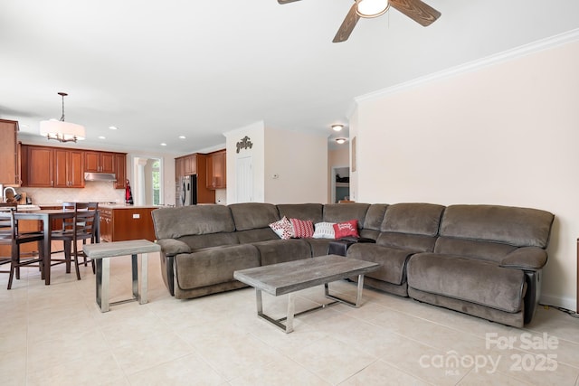 7525 Blackgum Falls Ct, Huntersville, NC 28078 - living room with crown molding, light tile patterned floors, ceiling fan, and recessed lighting