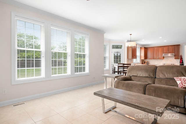 7525 Blackgum Falls Ct, Huntersville, NC 28078 - living area with visible vents, crown molding, light tile patterned floors, baseboards, and recessed lighting