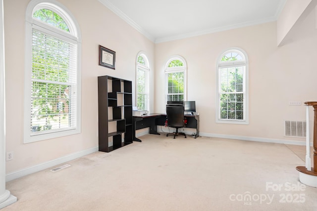 7525 Blackgum Falls Ct, Huntersville, NC 28078 - office area with crown molding, baseboards, visible vents, and carpet