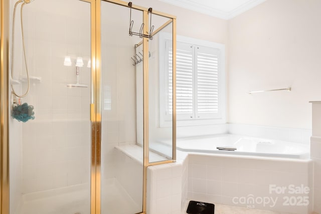 7525 Blackgum Falls Ct, Huntersville, NC 28078 - bathroom featuring crown molding, a shower stall, and a garden tub