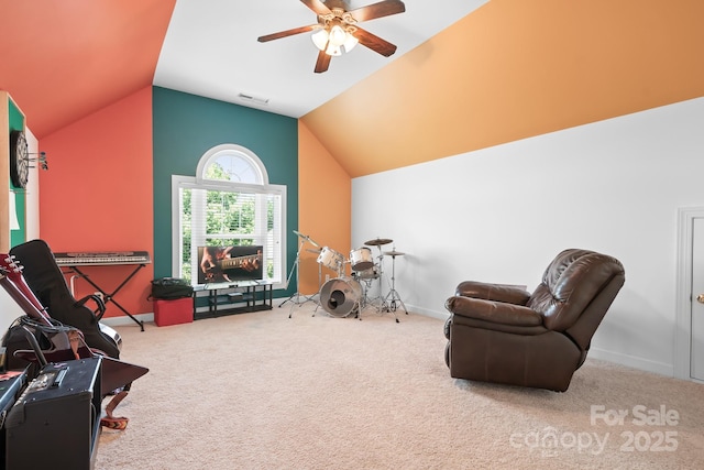 7525 Blackgum Falls Ct, Huntersville, NC 28078 - living area with carpet floors, ceiling fan, vaulted ceiling, and visible vents