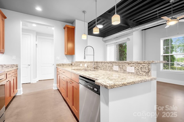 kitchen with stainless steel dishwasher, a sink, concrete flooring, a peninsula, and recessed lighting