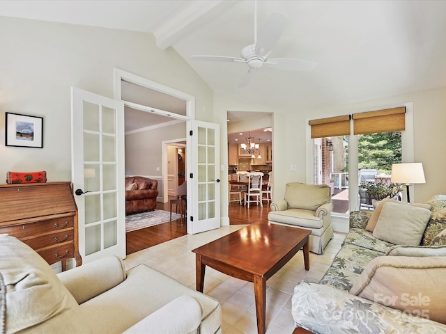 4701 Pineland Pl, Charlotte, NC 28277 - living area featuring light tile patterned floors, french doors, ceiling fan with notable chandelier, high vaulted ceiling, and beam ceiling