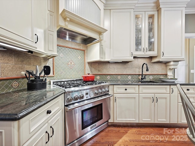 4701 Pineland Pl, Charlotte, NC 28277 - kitchen with a sink, tasteful backsplash, dark stone counters, high end stainless steel range oven, and glass insert cabinets