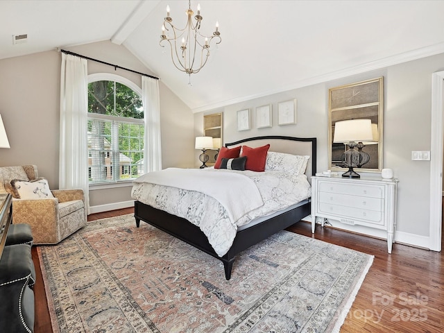4701 Pineland Pl, Charlotte, NC 28277 - bedroom featuring an inviting chandelier, wood finished floors, vaulted ceiling with beams, visible vents, and baseboards