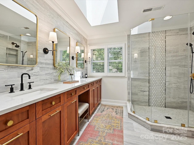4701 Pineland Pl, Charlotte, NC 28277 - full bathroom featuring a sink, a skylight, a stall shower, and visible vents