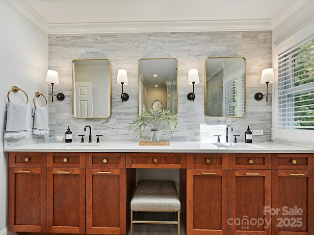 4701 Pineland Pl, Charlotte, NC 28277 - full bath with double vanity, crown molding, decorative backsplash, and a sink