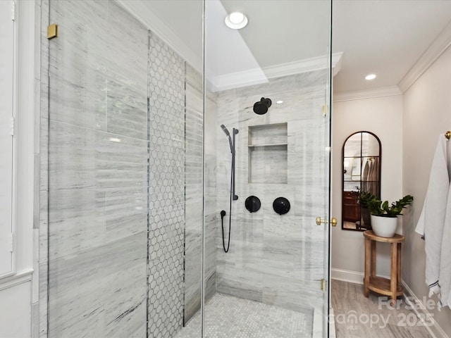 4701 Pineland Pl, Charlotte, NC 28277 - bathroom with wood finished floors, a stall shower, baseboards, ornamental molding, and recessed lighting