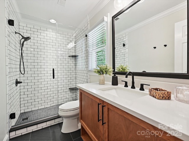4701 Pineland Pl, Charlotte, NC 28277 - bathroom with toilet, tile patterned flooring, a shower stall, vanity, and ornamental molding