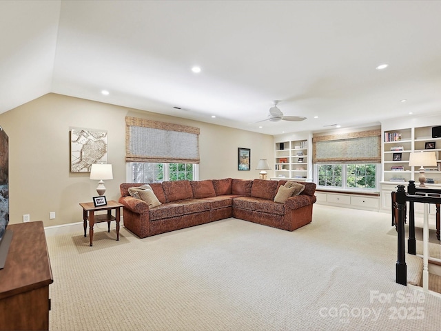 4701 Pineland Pl, Charlotte, NC 28277 - living room with visible vents, recessed lighting, ceiling fan, carpet flooring, and baseboards