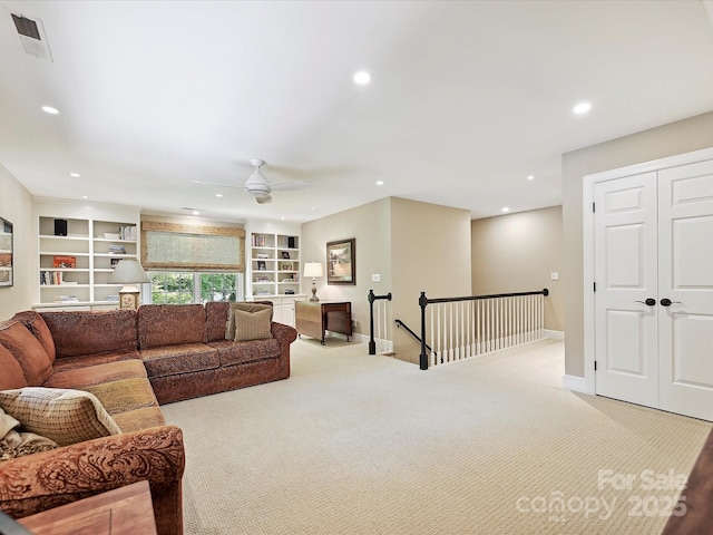 4701 Pineland Pl, Charlotte, NC 28277 - living area featuring recessed lighting, baseboards, ceiling fan, visible vents, and light colored carpet