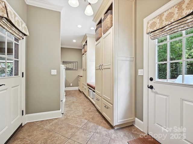 4701 Pineland Pl, Charlotte, NC 28277 - mudroom featuring baseboards, recessed lighting, and crown molding