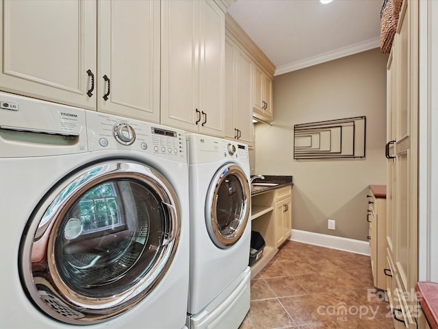 4701 Pineland Pl, Charlotte, NC 28277 - laundry area with washing machine and dryer, cabinet space, baseboards, light tile patterned flooring, and ornamental molding
