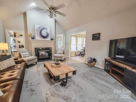 6231 Kentwood Dr, Kannapolis, NC 28081 - living room with ceiling fan, high vaulted ceiling, and a fireplace