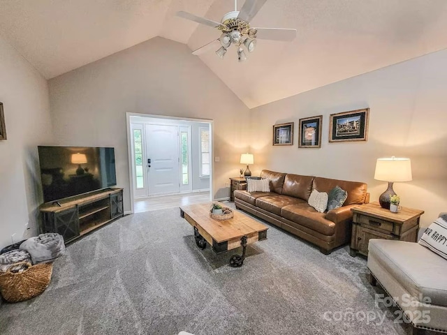 6231 Kentwood Dr, Kannapolis, NC 28081 - living area with carpet floors, ceiling fan, and high vaulted ceiling