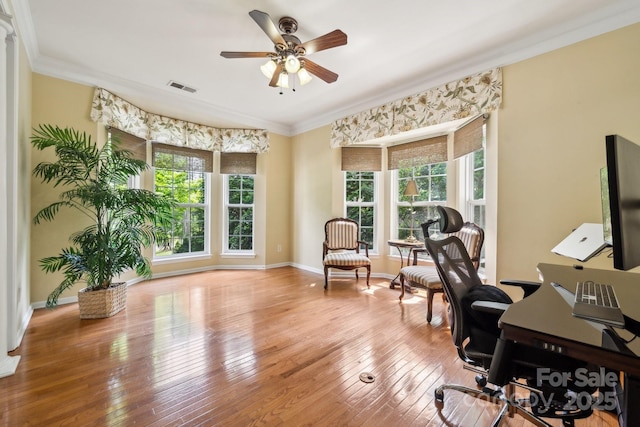 109 Braxton Gate Ct, Mount Holly, NC 28120 - office featuring plenty of natural light, a ceiling fan, ornamental molding, hardwood / wood-style flooring, and baseboards