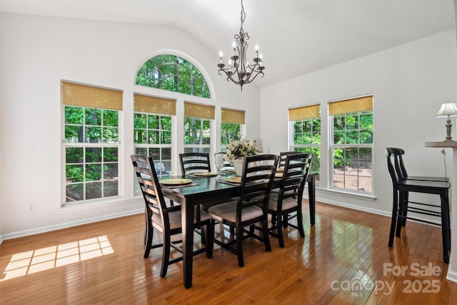 109 Braxton Gate Ct, Mount Holly, NC 28120 - dining area with a chandelier, plenty of natural light, hardwood / wood-style floors, and vaulted ceiling