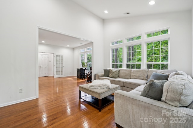 109 Braxton Gate Ct, Mount Holly, NC 28120 - living room with hardwood / wood-style flooring, recessed lighting, baseboards, and a towering ceiling