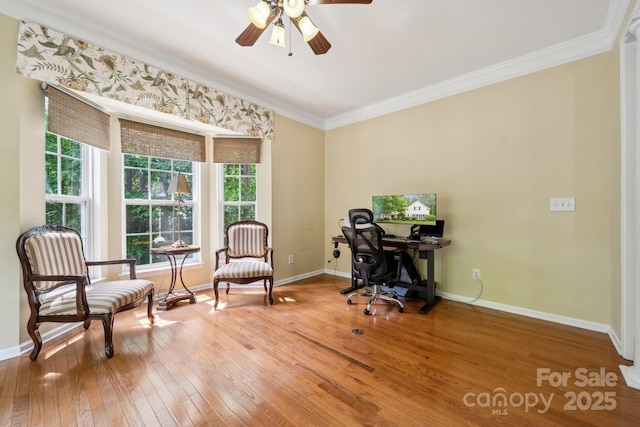109 Braxton Gate Ct, Mount Holly, NC 28120 - home office with crown molding, ceiling fan, and hardwood / wood-style flooring