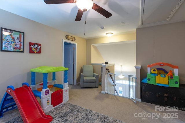 3186 Helmsley Ct, Concord, NC 28027 - recreation room with carpet floors, attic access, and ceiling fan