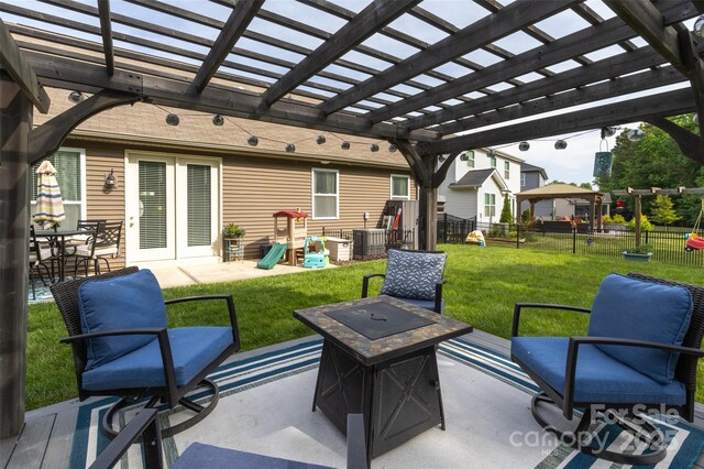 3186 Helmsley Ct, Concord, NC 28027 - view of patio / terrace with a fire pit, fence, french doors, and a pergola