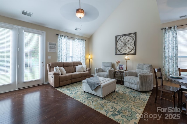 3186 Helmsley Ct, Concord, NC 28027 - living room featuring visible vents, a ceiling fan, wood-type flooring, and high vaulted ceiling
