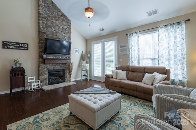3186 Helmsley Ct, Concord, NC 28027 - living room featuring vaulted ceiling, a ceiling fan, hardwood / wood-style floors, and visible vents