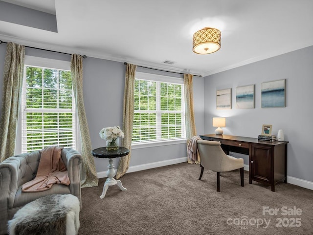 office area with baseboards, ornamental molding, carpet, and visible vents