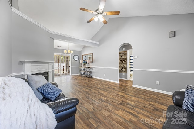 311 Masters Dr, Rock Hill, SC 29732 - living area with baseboards, a ceiling fan, wood finished floors, arched walkways, and high vaulted ceiling