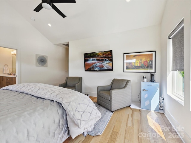 bedroom featuring a ceiling fan, vaulted ceiling, baseboards, light wood finished floors, and recessed lighting