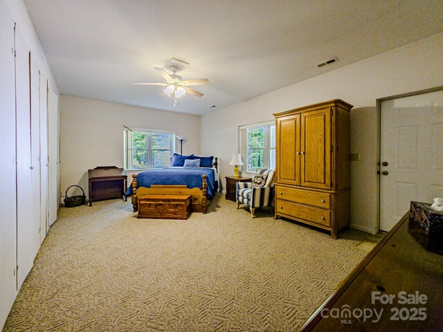 164 Forest Ridge Dr, Rutherfordton, NC 28139 - bedroom with multiple windows, light carpet, ceiling fan, and visible vents