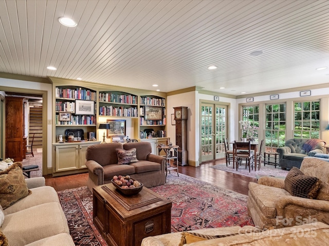 living room with recessed lighting, dark wood-style flooring, and wooden ceiling