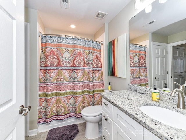 full bath featuring visible vents, toilet, and vanity