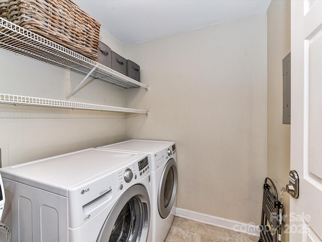 washroom featuring electric panel, baseboards, laundry area, and washer and clothes dryer
