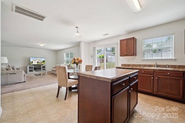 kitchen featuring a sink, a healthy amount of sunlight, open floor plan, and visible vents