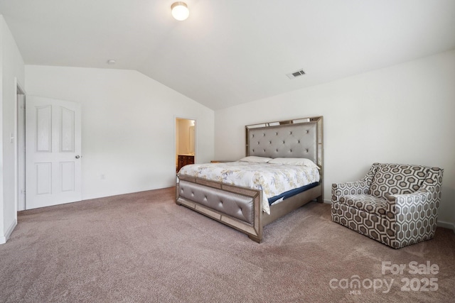 bedroom with carpet, vaulted ceiling, and visible vents