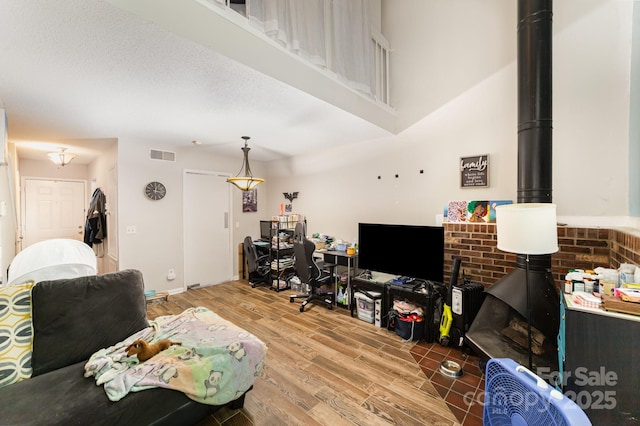 living area featuring a wood stove and wood finished floors