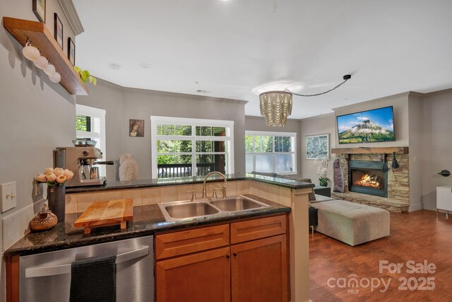 kitchen featuring stainless steel dishwasher, a stone fireplace, open floor plan, plenty of natural light, and a sink