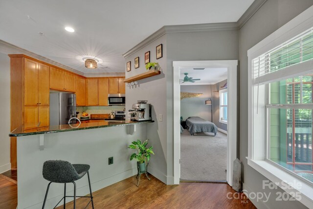 kitchen featuring ornamental molding, a peninsula, wood finished floors, dark stone counters, and stainless steel appliances