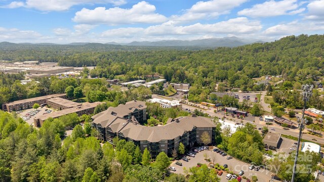 birds eye view of property with a wooded view and a mountain view