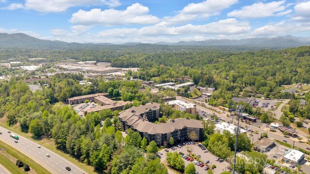 birds eye view of property featuring a view of trees and a mountain view