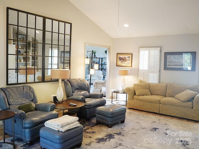 living room featuring lofted ceiling