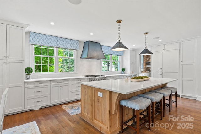 kitchen with custom range hood, light countertops, a center island with sink, dark wood-style flooring, and white cabinets