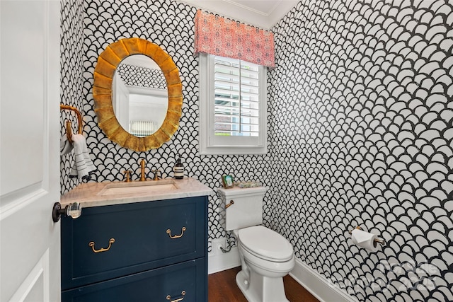 bathroom featuring ornamental molding, toilet, and vanity