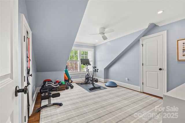 exercise room with a ceiling fan, baseboards, crown molding, and recessed lighting