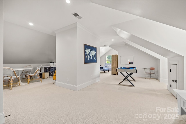 rec room with carpet floors, vaulted ceiling, recessed lighting, and baseboards