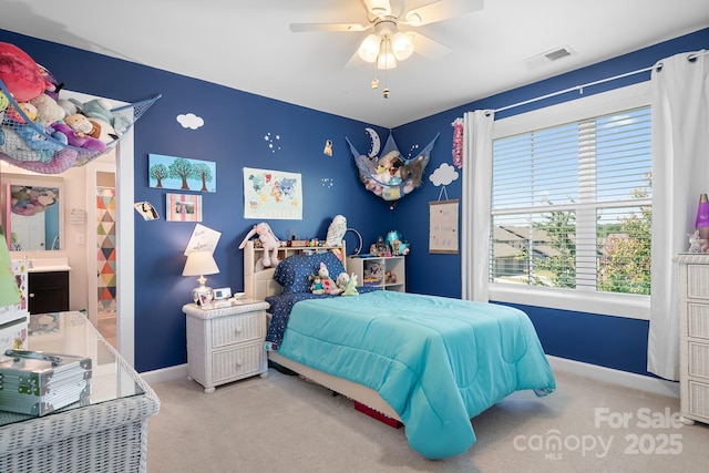 bedroom with carpet, baseboards, and ceiling fan
