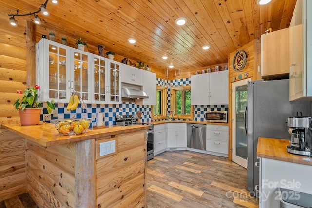 1104 Long Branch Rd, Mars Hill, NC 28754 - kitchen featuring wooden counters, appliances with stainless steel finishes, under cabinet range hood, wood ceiling, and wood finished floors
