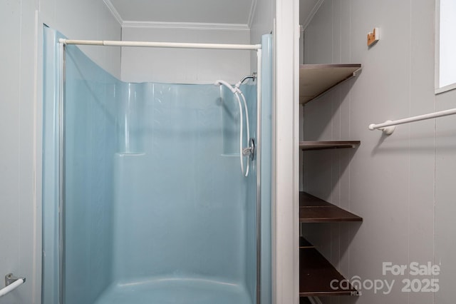 406 Arrowood St SE, Lenoir, NC 28645 - bathroom featuring crown molding and a shower stall