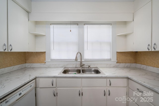 406 Arrowood St SE, Lenoir, NC 28645 - kitchen featuring white cabinets, open shelves, a sink, dishwasher, and light countertops